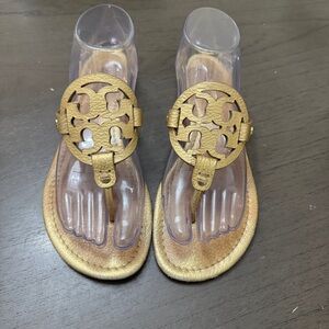 Tory Burch Metallic Gold Logo Thong Sandals